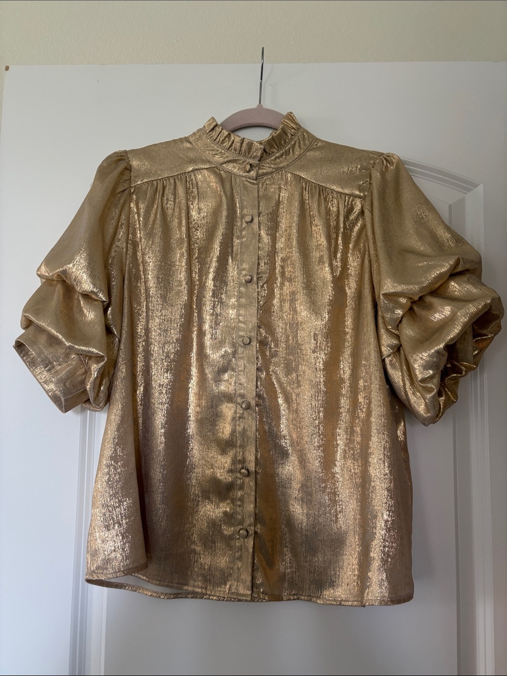 Fate Metallic Gold Puff Sleeve Button-Up Blouse